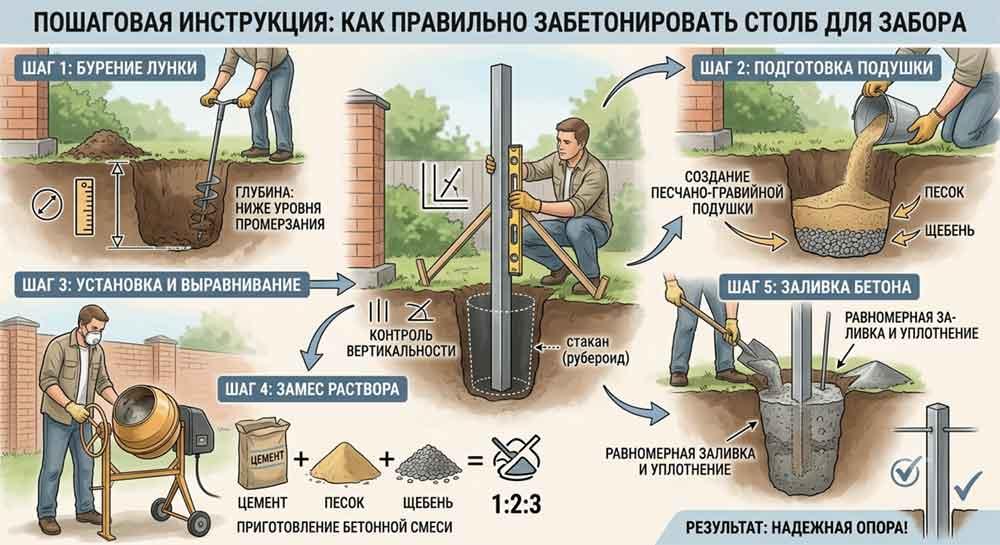 Как правильно забетонировать столбы для забора: пошаговая инструкция